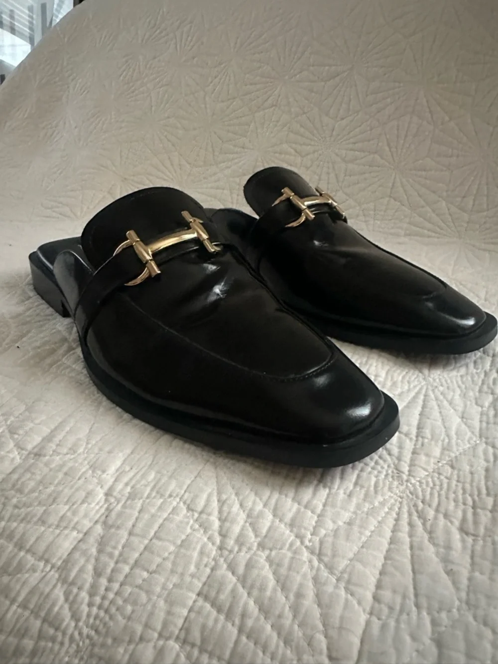 ALDO Black Patent Leather Slip-On Loafers with Gold Hardware